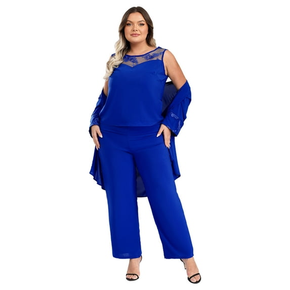 Aislor Womens Chiffon Suit Straight Pants with Cardigan Tank Top Wedding Guest Clothing Set Size S-5XL A Blue 4XL