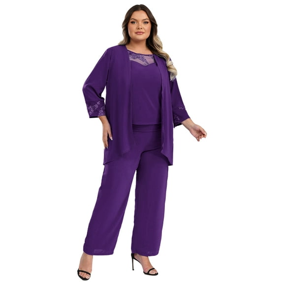 Aislor Womens Chiffon Suit Straight Pants with Cardigan Tank Top Wedding Guest Clothing Set Size S-5XL Purple M