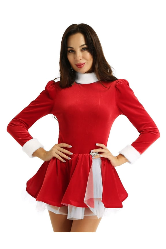 Womens Christmas Ballet Dance Costume Ice Figure Roller Skating Tutu Dress Leotard