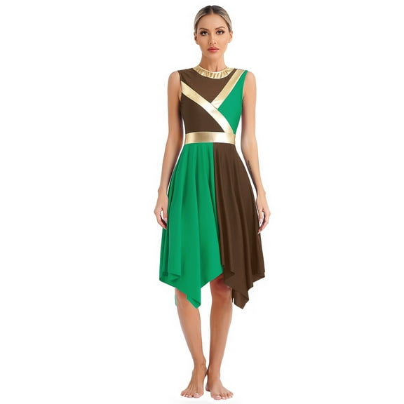 Aislor Womens Color Block Sleeveless Asymmetrical Hem Dress Dancewear A Brown&Green M