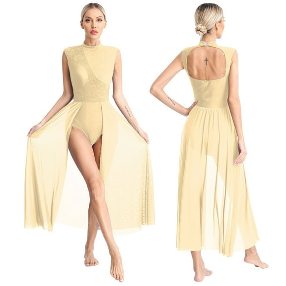 Aislor Womens Flowy Lyrical Dance Mock Neck Ballet Gymnastic Leotard High-Low Dress Champagne XXL