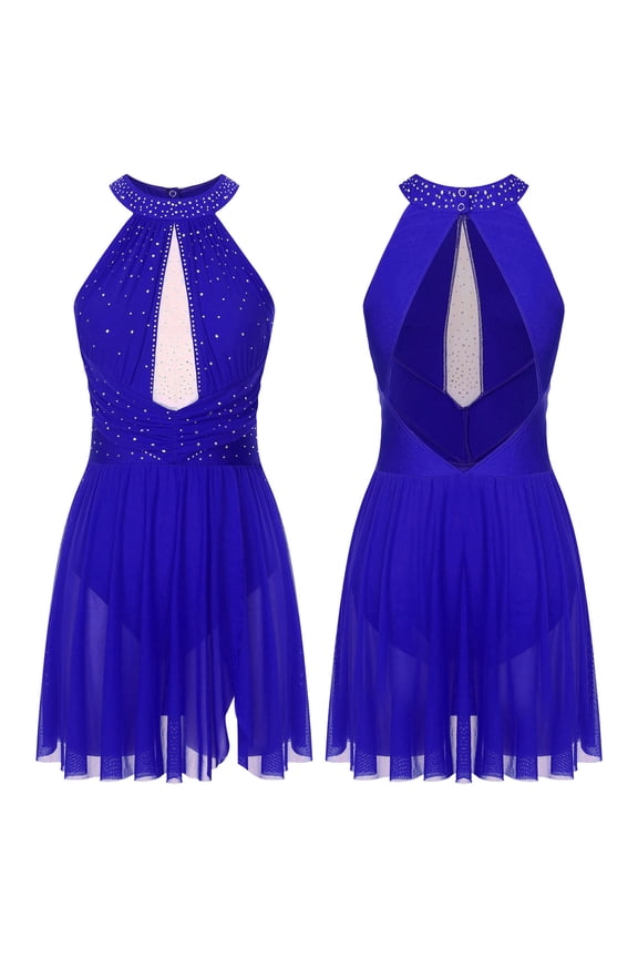 Womens Glitter Rhinestone Figure Skating Dress Ruched Mesh Lyrical Ballet Dancewear A Blue M