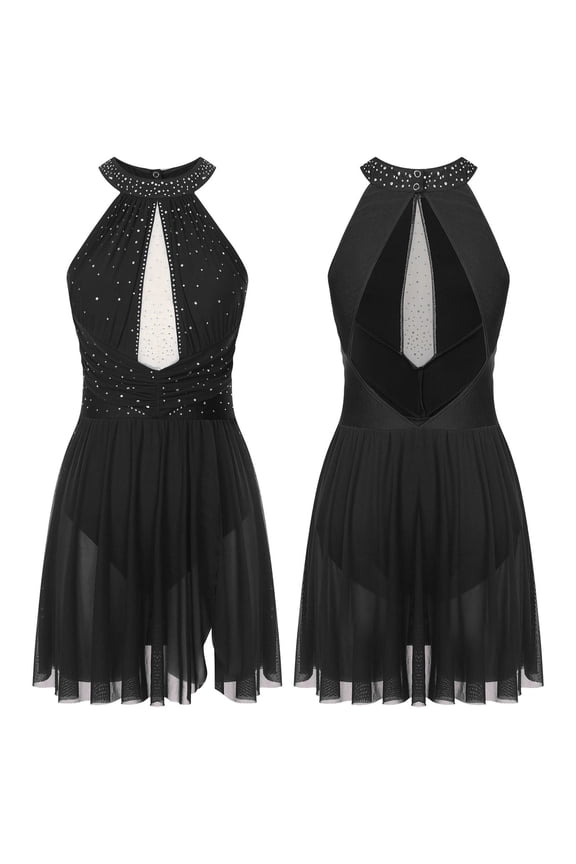 Womens Glitter Rhinestone Figure Skating Dress Ruched Mesh Lyrical Ballet Dancewear Black L