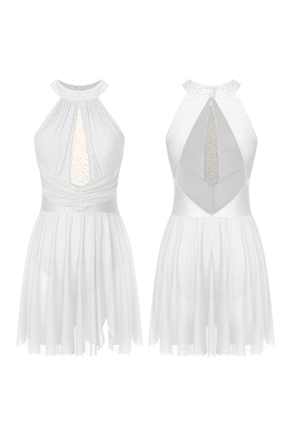 Womens Glitter Rhinestone Figure Skating Dress Ruched Mesh Lyrical Ballet Dancewear White XL