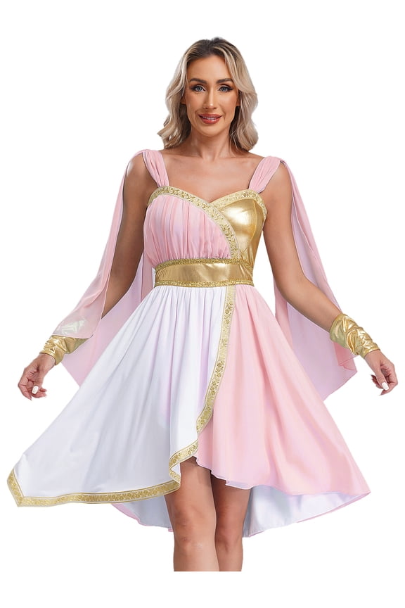 Womens Greek Toga Costume for Halloween Cosplay Costume Chiffon Sleeveless Dress Outfits Pink M