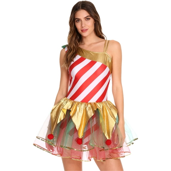 Aislor Womens Gymnastic Leotard Dress Striped Bodysuit Christmas Ballet Dance Costume Red XXL
