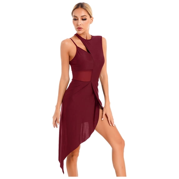 Aislor Womens Latin Ballroom Dance Dress Lyrical Salsa Sheer Mesh Asymmetrical Hem Leotard Dancewear Burgundy M