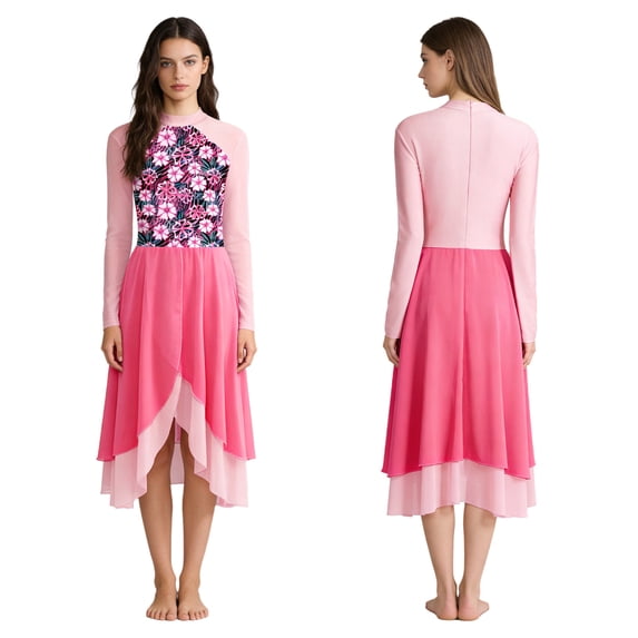 Aislor Womens Liturgical Dancewear Praise Dance Tunic Long Sleeve Irregular Hem Lyrical Dress Hot Pink M