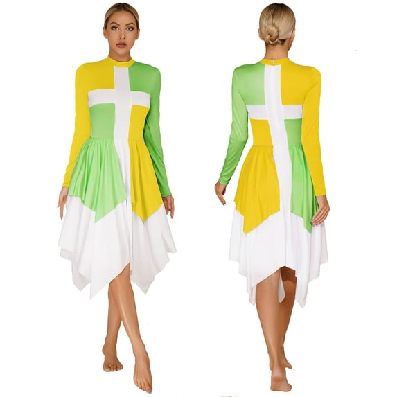 Aislor Women Color Block Liturgical Praise Dance Dress Long Sleeve Worship Church Tunic Lyrical Dancewear Yellow&Green M