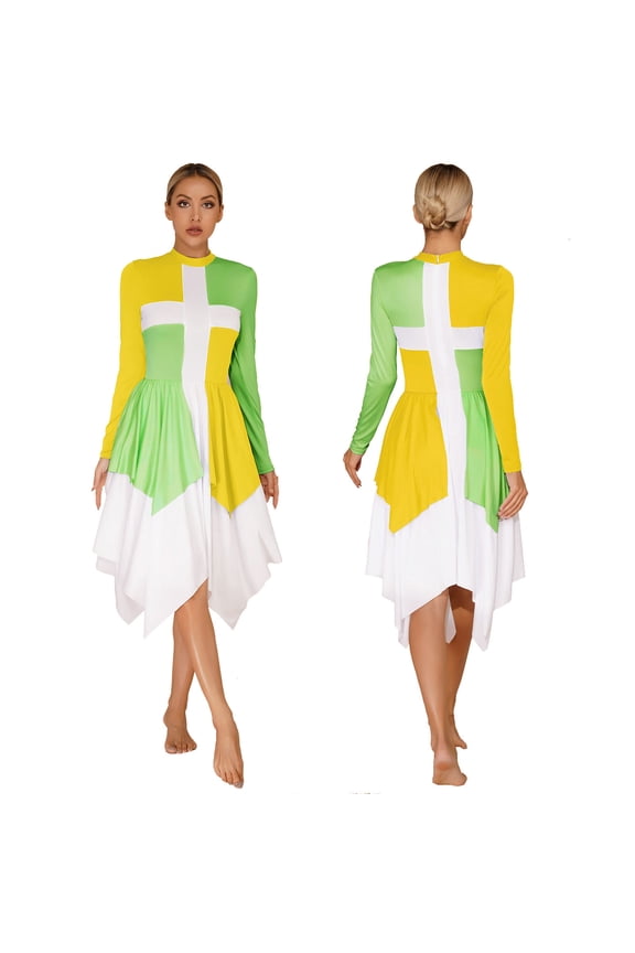Women Color Block Liturgical Praise Dance Dress Long Sleeve Worship Church Tunic Lyrical Dancewear Yellow&Green XXL