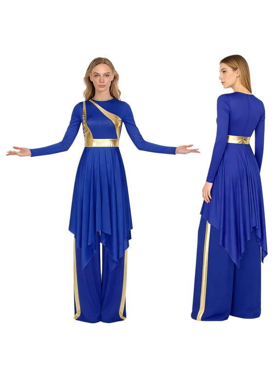 Womens Liturgical Worship Praise Dance Dress Long Sleeve Overlays Tunic with Wide Leg Baggy Pants Set Blue S