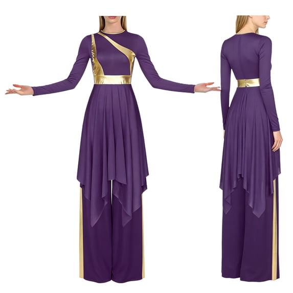 Aislor Womens Liturgical Worship Praise Dance Dress Long Sleeve Overlays Tunic with Wide Leg Baggy Pants Set Purple S