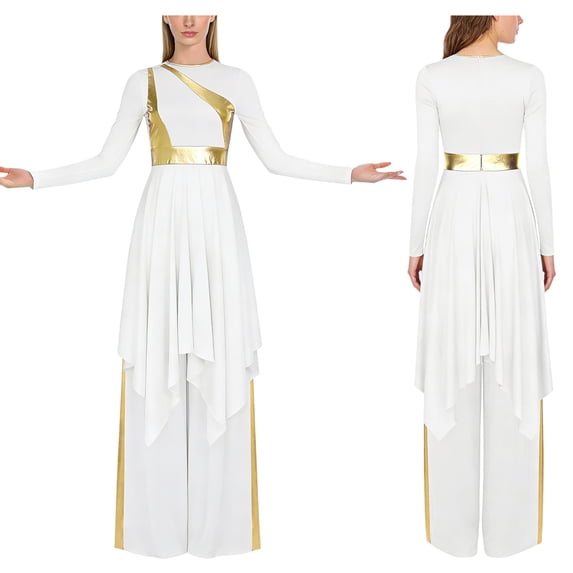 Aislor Womens Liturgical Worship Praise Dance Dress Long Sleeve Overlays Tunic with Wide Leg Baggy Pants Set White XXL