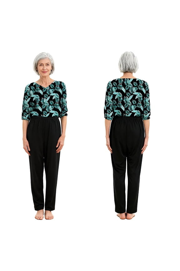 Womens Long Sleeved Dementia Clothes Alzheimer Elderly Anti-Strip Adaptive Printed Jumpsuit Blue Green Leaves L