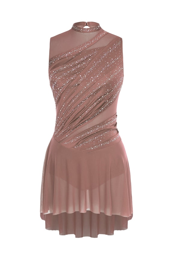 Womens Lyrical Dance Dress Sleeveless Rhinestone Modern Ballet Dancewear Performance Wear Coffee L