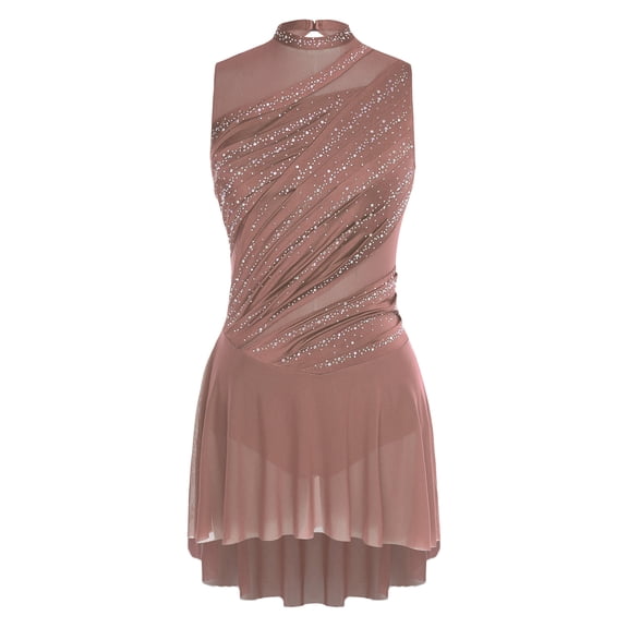 Aislor Womens Lyrical Dance Dress Sleeveless Rhinestone Modern Ballet Dancewear Performance Wear Coffee M