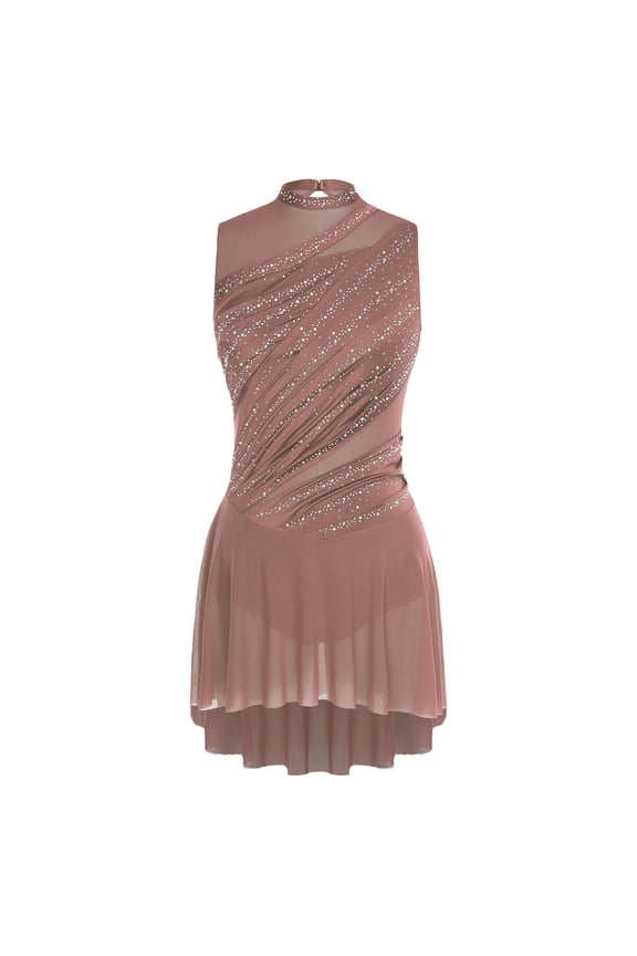 Womens Lyrical Dance Dress Sleeveless Rhinestone Modern Ballet Dancewear Performance Wear Coffee M