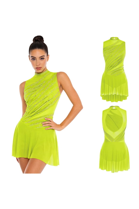 Womens Lyrical Dance Dress Sleeveless Rhinestone Modern Ballet Dancewear Performance Wear Fluorescent Yellow S