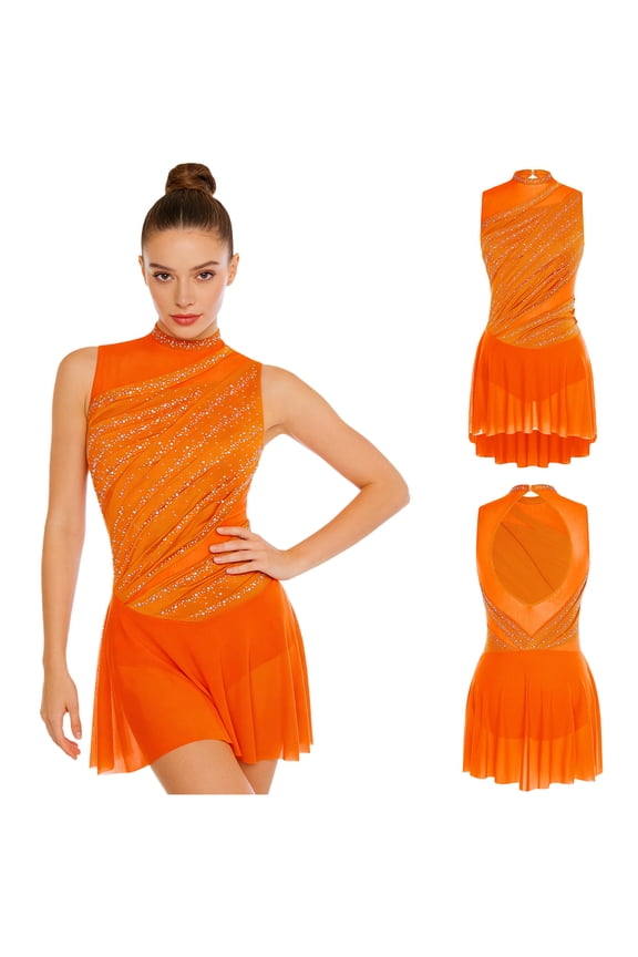 Womens Lyrical Dance Dress Sleeveless Rhinestone Modern Ballet Dancewear Performance Wear Orange S