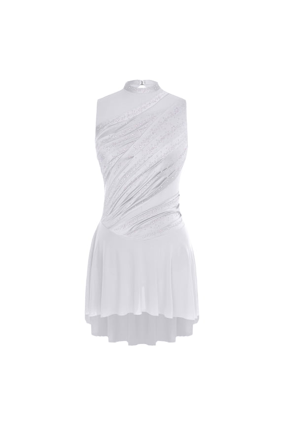 Womens Lyrical Dance Dress Sleeveless Rhinestone Modern Ballet Dancewear Performance Wear White XXL