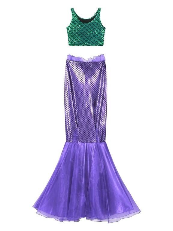 Womens Metallic Mermaid Cosplay Outfit Shiny Fish Scale Print Tank Top Vest with Fishtail Skirt Set Green&Purple S