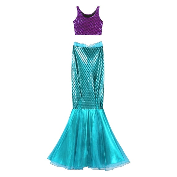 Aislor Womens Metallic Mermaid Cosplay Outfit Shiny Fish Scale Print Tank Top Vest with Fishtail Skirt Set Purple&Blue XXL