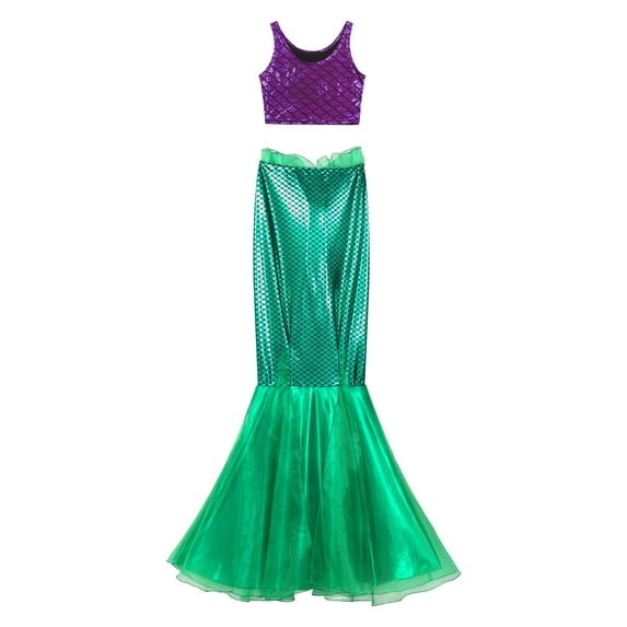 Aislor Womens Metallic Mermaid Cosplay Outfit Shiny Fish Scale Print Tank Top Vest with Fishtail Skirt Set Purple&Green 3XL