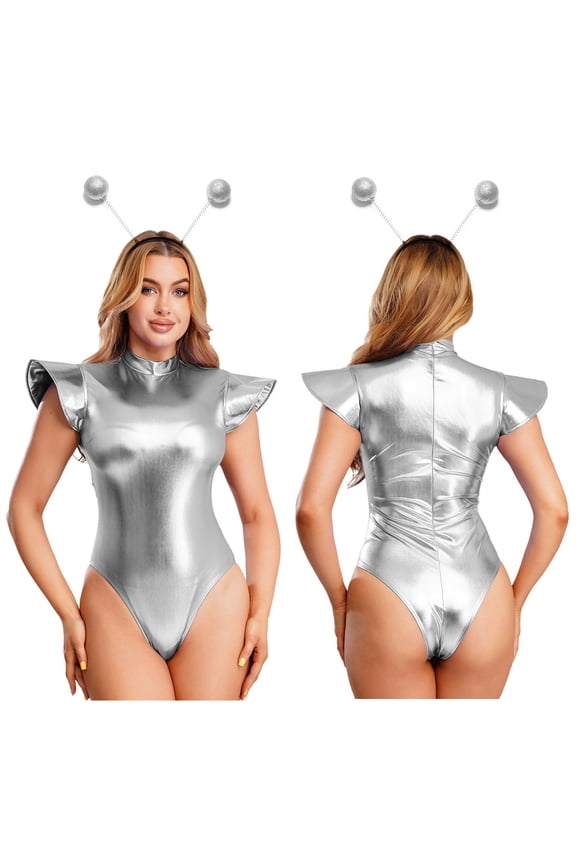Womens Metallic Shiny Alien Robot Bodysuit With Headwear Fly Sleeve Jumpsuit Silver M