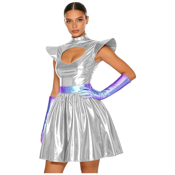 Aislor Womens Metallic Space Alien Shiny Robot Dress Carnival Outfits with Gloves Silver XXL