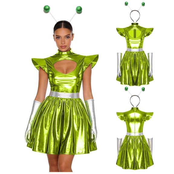 Aislor Womens Outer Space Alien Dress with Gloves Headband Halloween Space Cadet Rave Outfit Green L