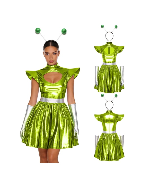 Womens Outer Space Alien Dress with Gloves Headband Halloween Space Cadet Rave Outfit Green M