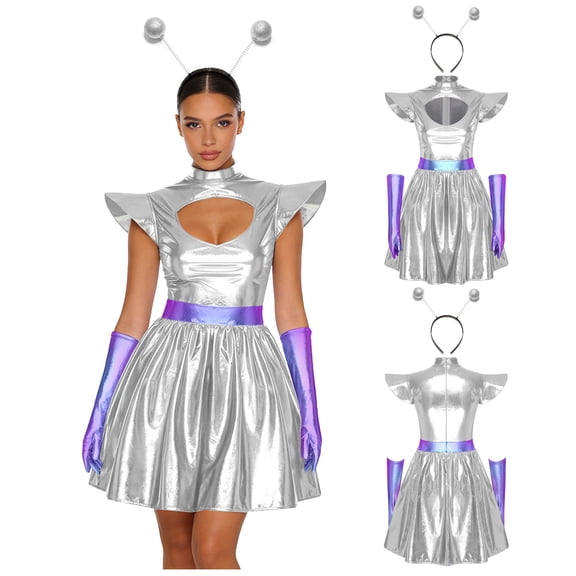Aislor Womens Outer Space Alien Dress with Gloves Headband Halloween Space Cadet Rave Outfit Silver S