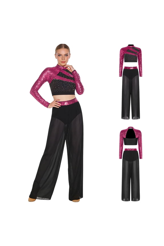 Womens Rhinestone Sequins Lyrical Dance Crop Tops With Chiffon Wide Leg Pants For Latin Jazz Hot Pink XXL