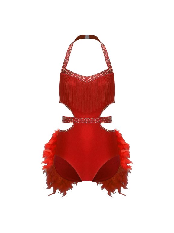 Womens Rhinestone Tassel Dance Bodysuit Tango Latin Rumba Samba Dance With Feathers Red S
