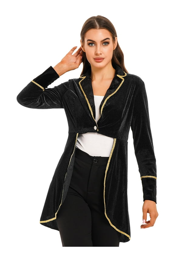 Womens Ringmaster Circus Show Lapel Jacket Velvet Victorian Steampunk Tail Coat Clubwear