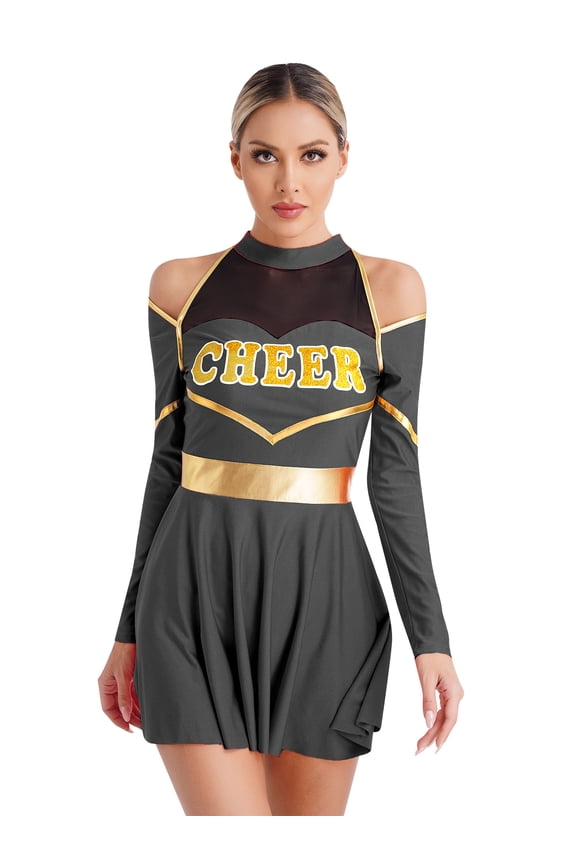 Womens Schoolgirls Cheering Uniform Cold Shoulders Dress Cheer Leader Costume Black M