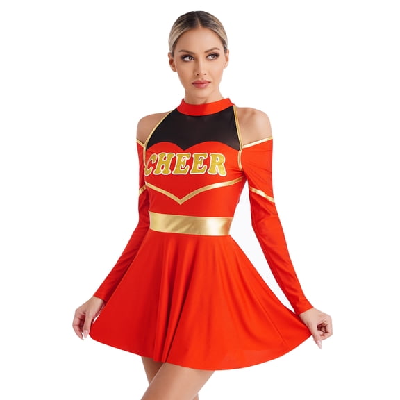 Aislor Womens Schoolgirls Cheering Uniform Cold Shoulders Dress Cheer Leader Costume Red S