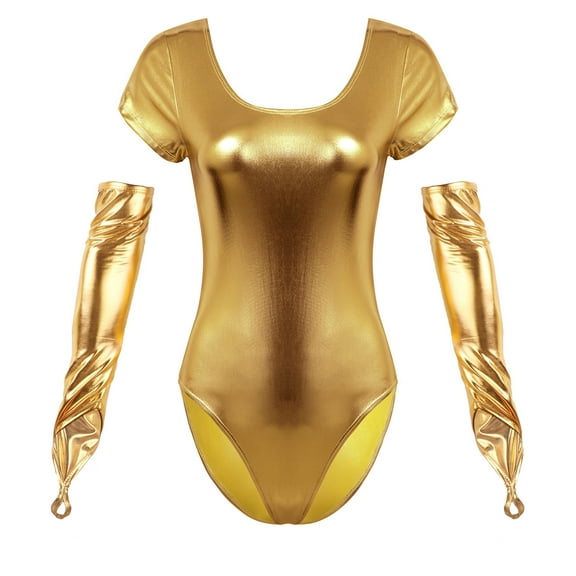 Aislor Womens Shiny Leather Short Sleeve Leotard Bodysuit with Elbow Length Fingerless Gloves for Party Gold XXL