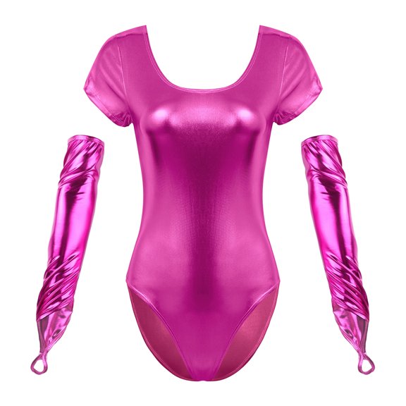 Aislor Womens Shiny Leather Short Sleeve Leotard Bodysuit with Elbow Length Fingerless Gloves for Party Rose L