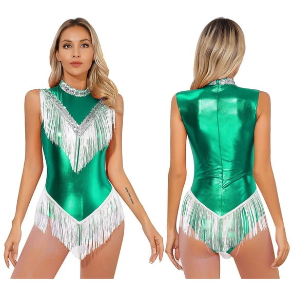 Aislor Womens Shiny Metallic Fringed Dance Leotard Bodysuit Sequins Latin Jazz Ballroom Costume Green XL