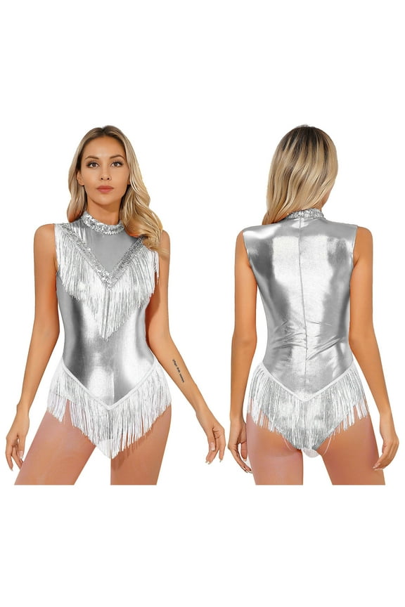 Womens Shiny Metallic Fringed Dance Leotard Bodysuit Sequins Latin Jazz Ballroom Costume Silver M