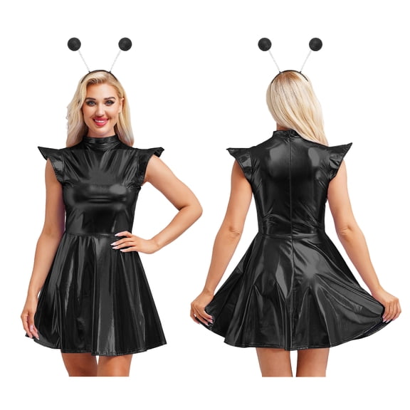 Aislor Womens Shiny Metallic Mini Dress with Headwear Holographic for Disco Party Dancewear Black M