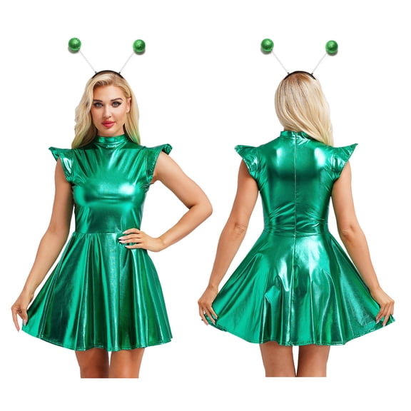 Aislor Womens Shiny Metallic Mini Dress with Headwear Holographic for Disco Party Dancewear Green M