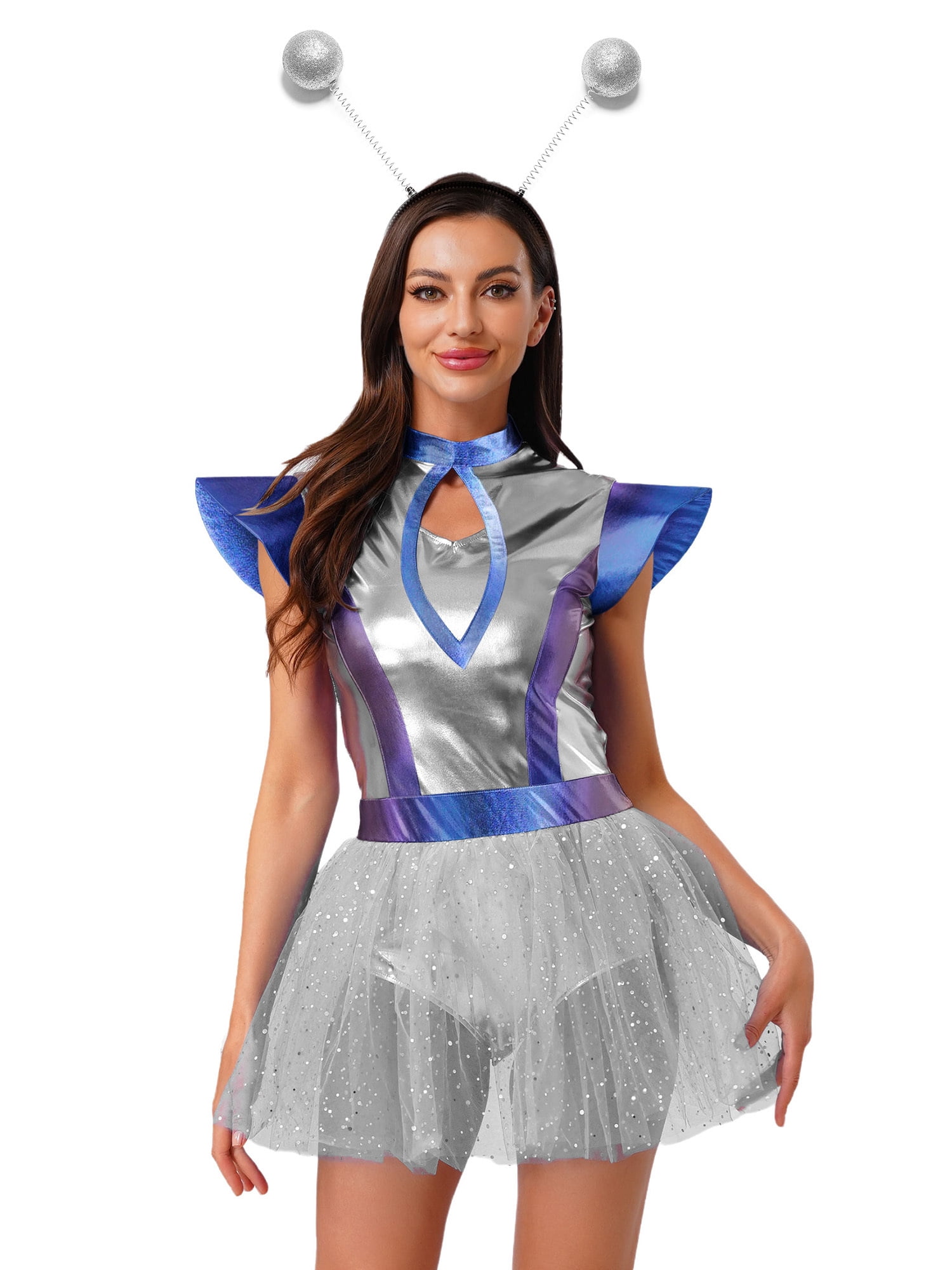 Aislor Womens Shiny Metallic Space Alien Color Block Tutu Dress with ...