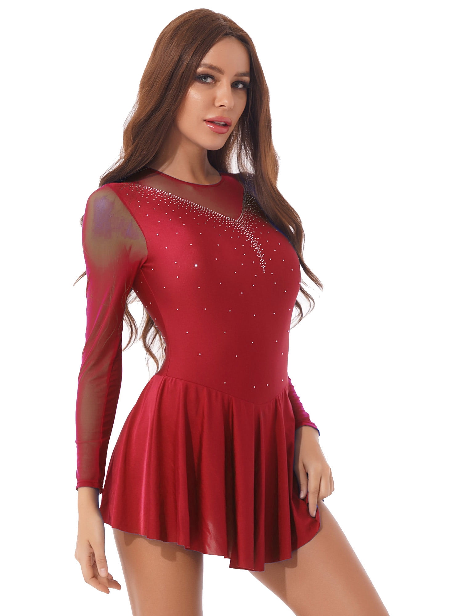 Trend4us Rhinestone Colorblock Figure Skating Leotard Dress