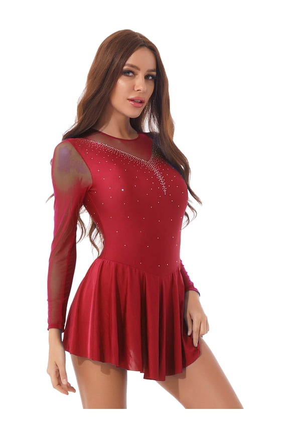 Womens Shiny Rhinestone Mesh Figure Ice Skating Dress Lyrical Dance Costume Gymnastic Leotard