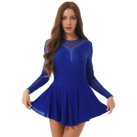 Aislor Womens Shiny Rhinestone Mesh Figure Ice Skating Dress Lyrical Dance Costume Gymnastic Leotard