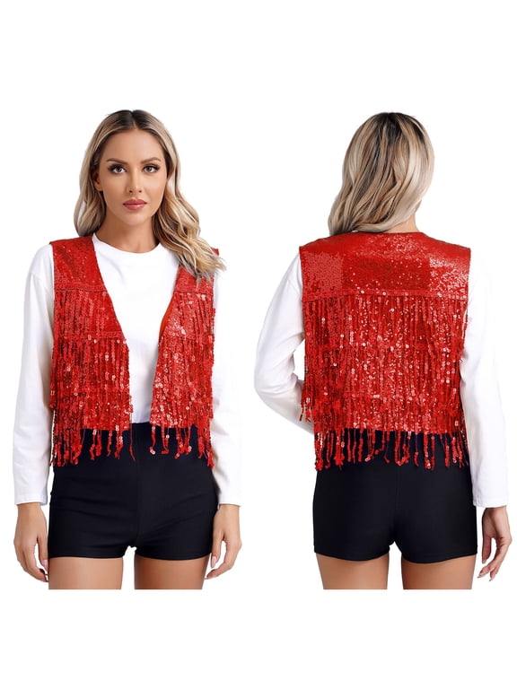 Womens Shiny Sequin Sleeveless Vest Sparkly Lightweight Jacket Cardigan Dancing Vest A Red M