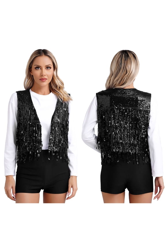 Womens Shiny Sequin Sleeveless Vest Sparkly Lightweight Jacket Cardigan Dancing Vest Black 3XL