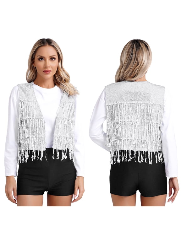 Womens Shiny Sequin Sleeveless Vest Sparkly Lightweight Jacket Cardigan Dancing Vest Silver XXL